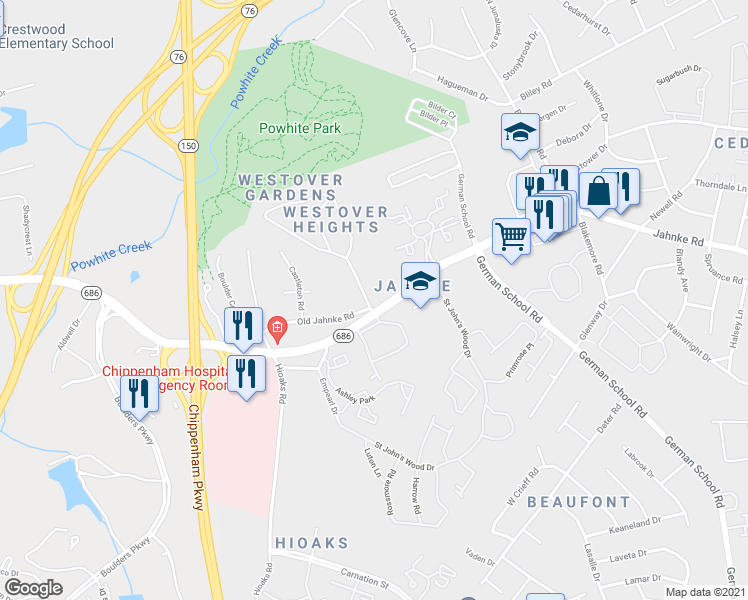map of restaurants, bars, coffee shops, grocery stores, and more near 6714 Jahnke Road in Richmond