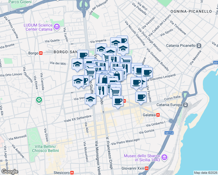 map of restaurants, bars, coffee shops, grocery stores, and more near 138 Via Gabriele D'Annunzio in Catania