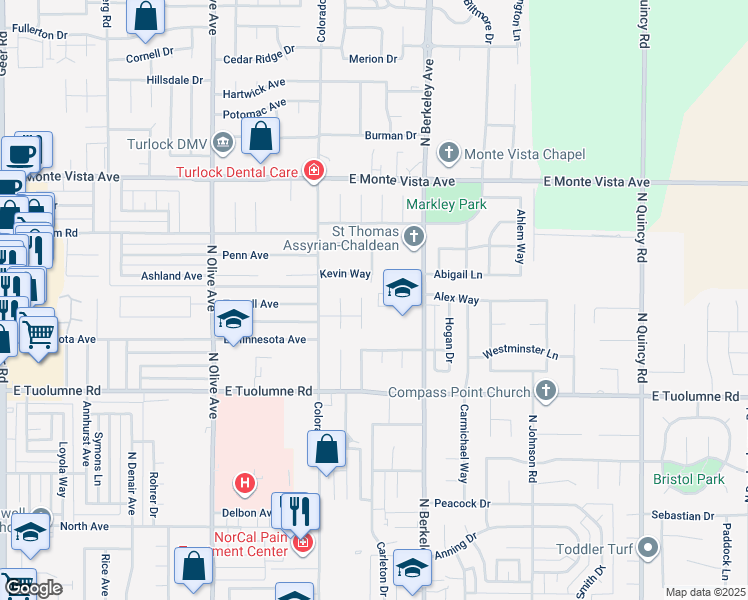 map of restaurants, bars, coffee shops, grocery stores, and more near 1385 Alex Circle in Turlock