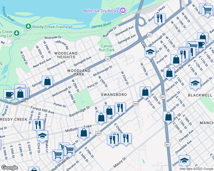 map of restaurants, bars, coffee shops, grocery stores, and more near 2421 Porter Street in Richmond