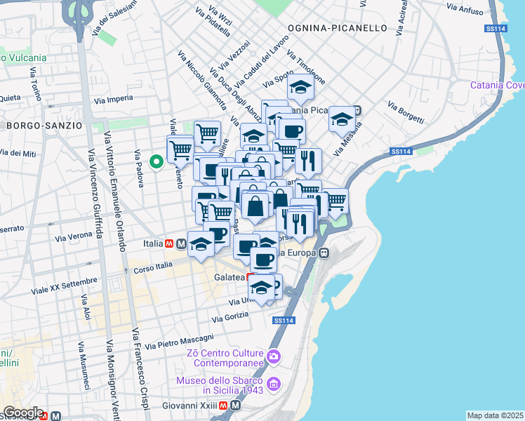 map of restaurants, bars, coffee shops, grocery stores, and more near 33 Via Asiago in Catania