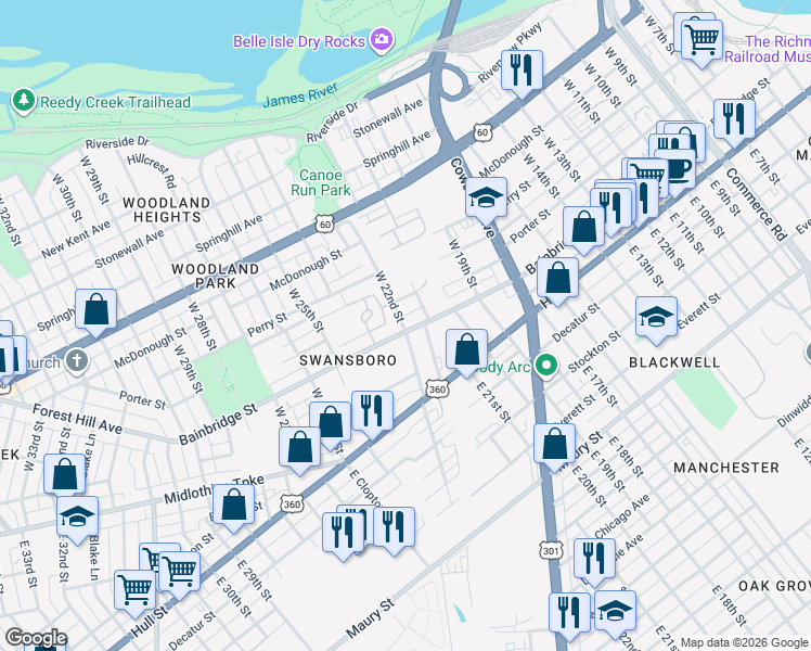 map of restaurants, bars, coffee shops, grocery stores, and more near 122 West 22nd Street in Richmond