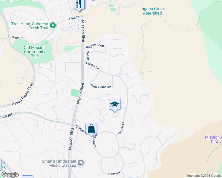 map of restaurants, bars, coffee shops, grocery stores, and more near 44423 View Point Circle in Fremont