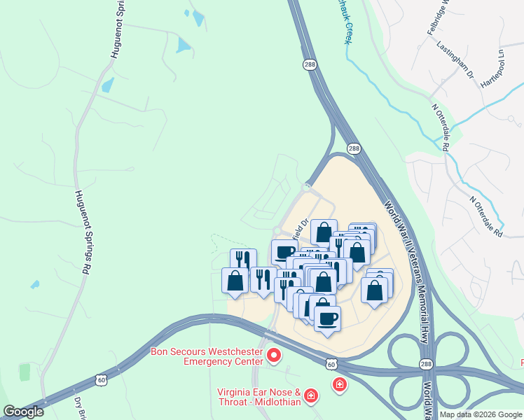 map of restaurants, bars, coffee shops, grocery stores, and more near 15550 Midlothian Turnpike in Midlothian