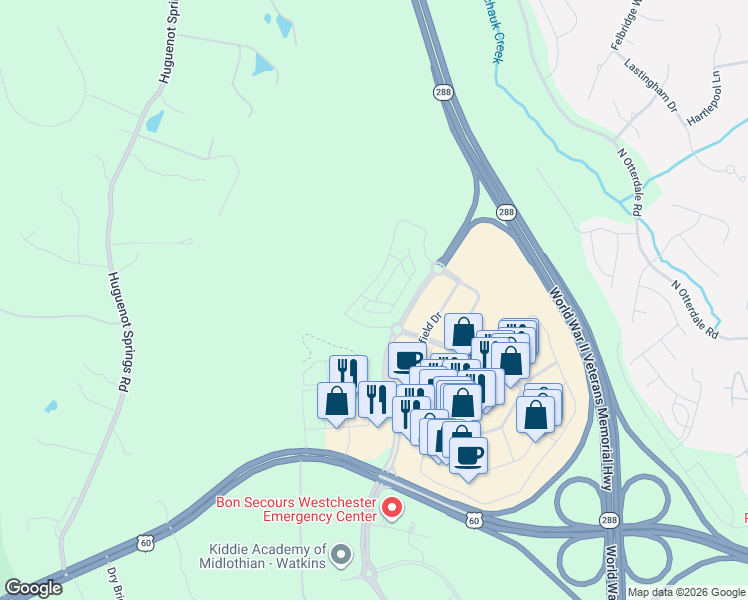 map of restaurants, bars, coffee shops, grocery stores, and more near 15550 Midlothian Turnpike in Midlothian