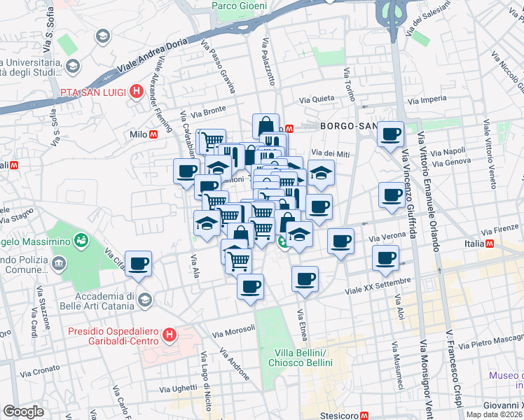 map of restaurants, bars, coffee shops, grocery stores, and more near 12 Via Borgo in Catania