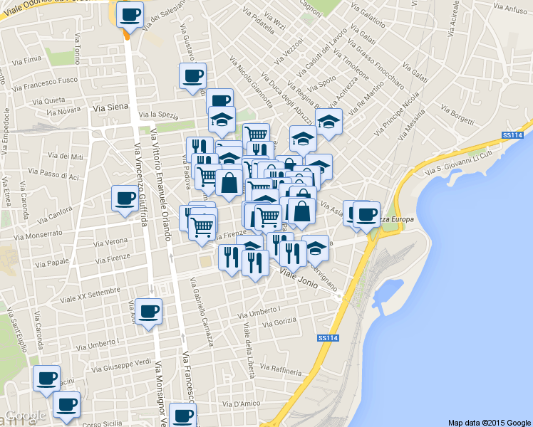 map of restaurants, bars, coffee shops, grocery stores, and more near 63 Via Milano in Catania