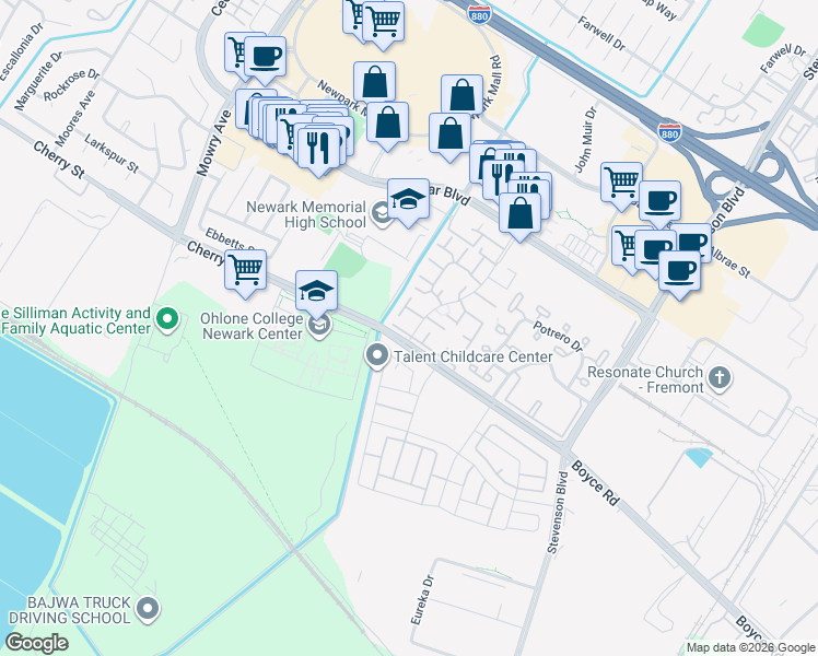 map of restaurants, bars, coffee shops, grocery stores, and more near 6369 Joaquin Murieta Avenue in Newark
