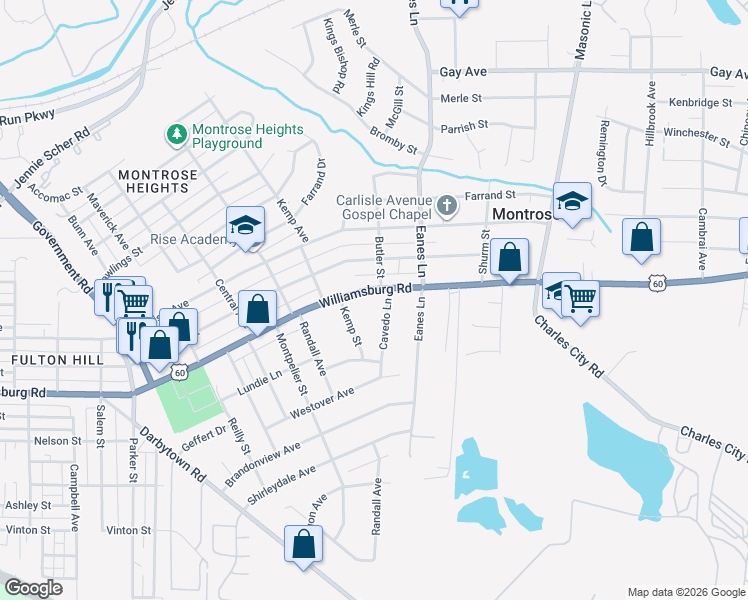 map of restaurants, bars, coffee shops, grocery stores, and more near 2313 Williamsburg Road in Richmond