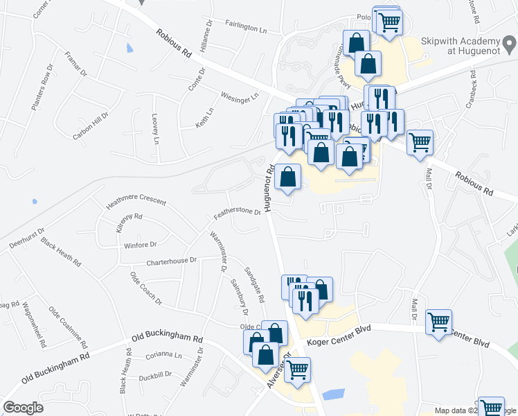 map of restaurants, bars, coffee shops, grocery stores, and more near 1864 Featherstone Drive in Midlothian