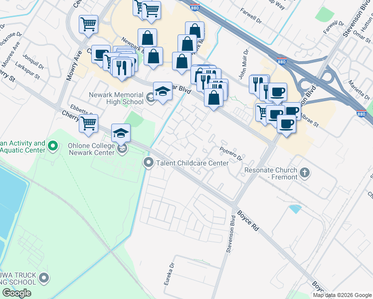 map of restaurants, bars, coffee shops, grocery stores, and more near 6300 Joaquin Murieta Avenue in Newark
