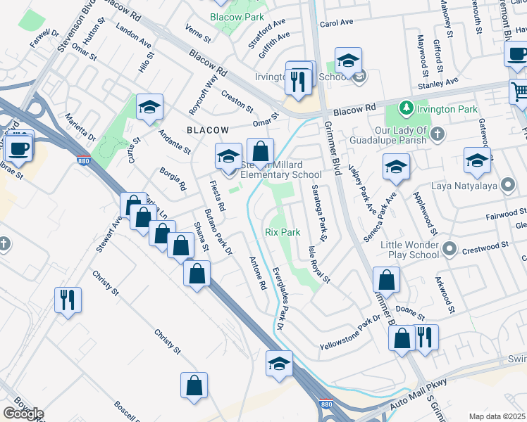 map of restaurants, bars, coffee shops, grocery stores, and more near 42679 Everglades Park Drive in Fremont