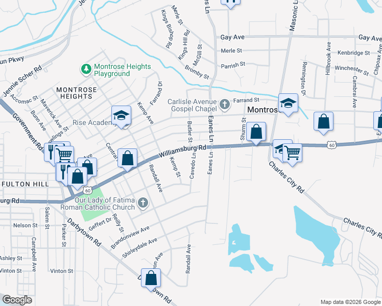 map of restaurants, bars, coffee shops, grocery stores, and more near 2313 Williamsburg Road in Richmond