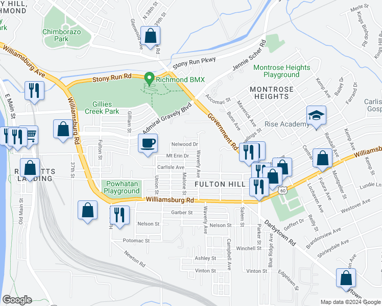 map of restaurants, bars, coffee shops, grocery stores, and more near 1304 Mount Erin Drive in Richmond