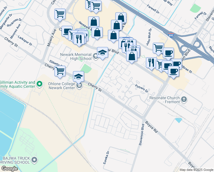 map of restaurants, bars, coffee shops, grocery stores, and more near 6300 Joaquin Murieta Avenue in Newark
