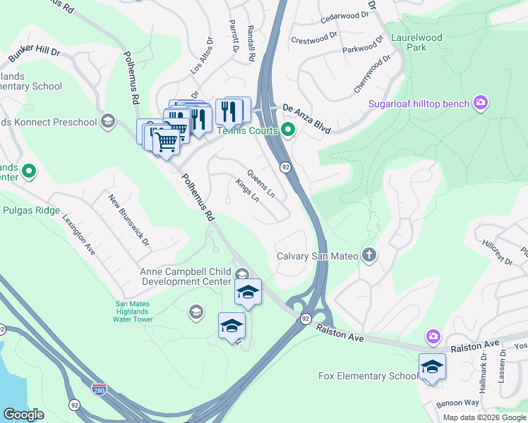 map of restaurants, bars, coffee shops, grocery stores, and more near 2078 Kings Lane in San Mateo