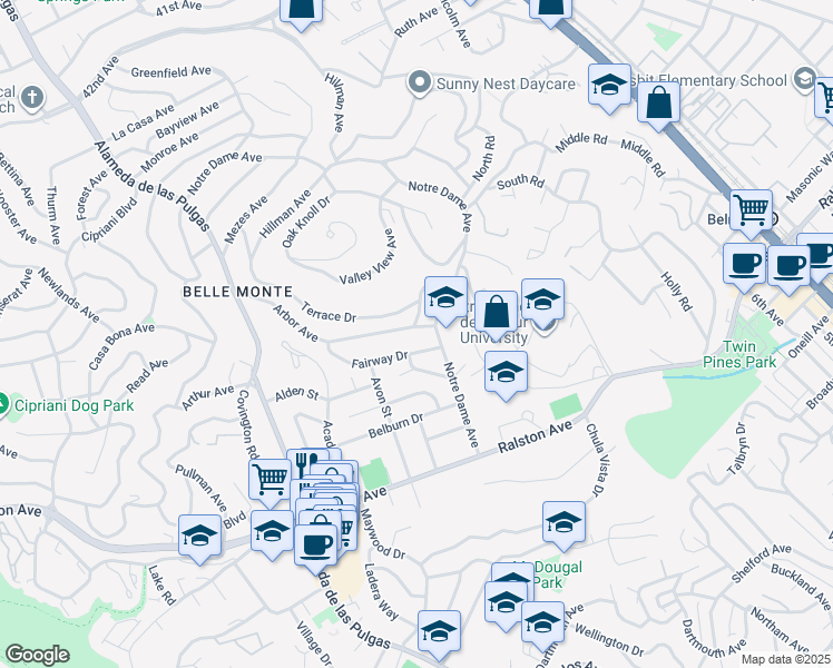 map of restaurants, bars, coffee shops, grocery stores, and more near in Belmont