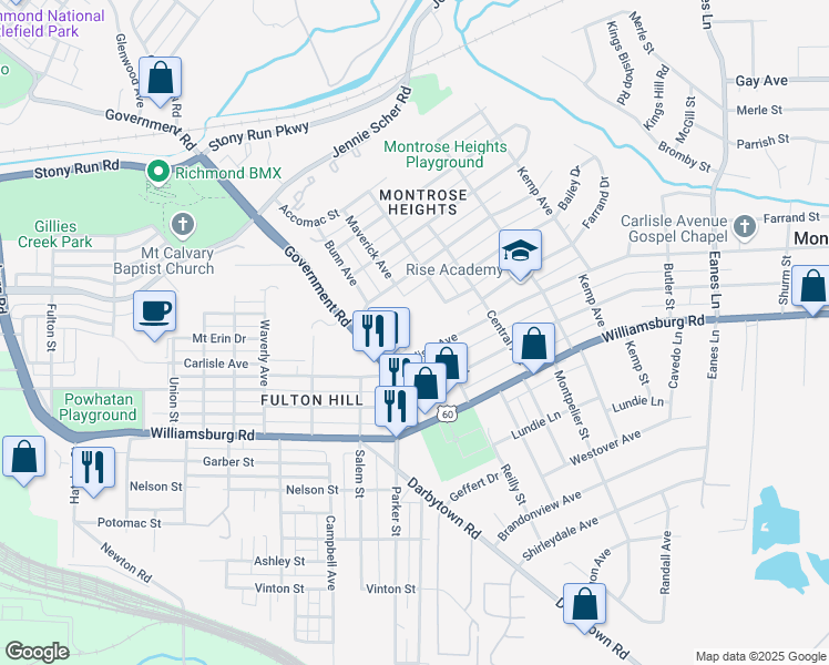 map of restaurants, bars, coffee shops, grocery stores, and more near 4801 Maverick Avenue in Richmond