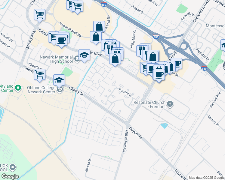 map of restaurants, bars, coffee shops, grocery stores, and more near 6221 Potrero Drive in Newark
