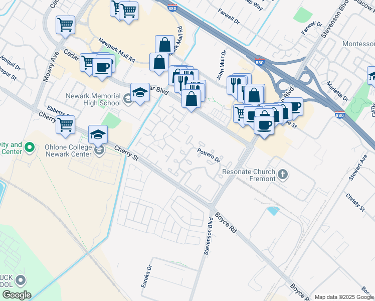 map of restaurants, bars, coffee shops, grocery stores, and more near 6221 Potrero Drive in Newark