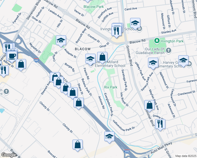 map of restaurants, bars, coffee shops, grocery stores, and more near 42647 Queens Park Court in Fremont