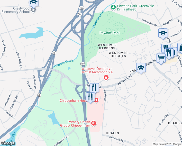 map of restaurants, bars, coffee shops, grocery stores, and more near 1240 Boulder Creek Road in Richmond