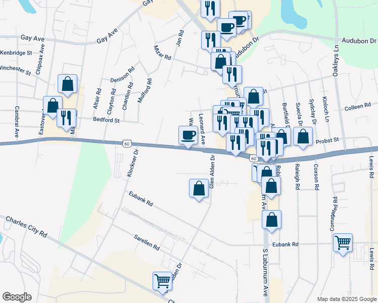map of restaurants, bars, coffee shops, grocery stores, and more near 4300 Williamsburg Road in Richmond