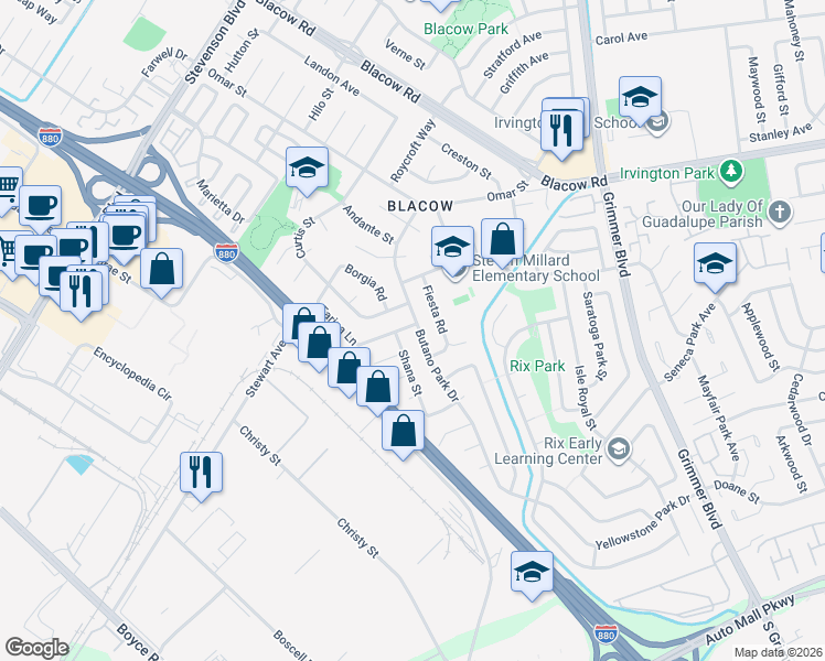 map of restaurants, bars, coffee shops, grocery stores, and more near 5501 Butano Park Drive in Fremont