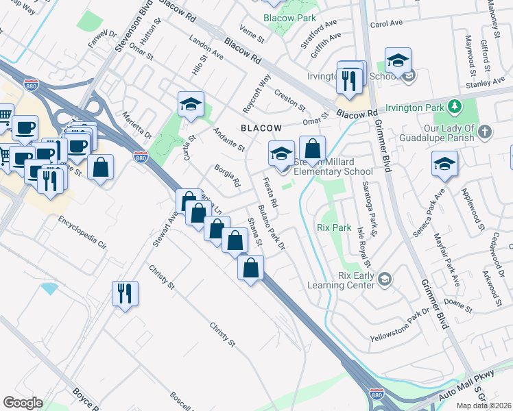 map of restaurants, bars, coffee shops, grocery stores, and more near 5501 Butano Park Drive in Fremont