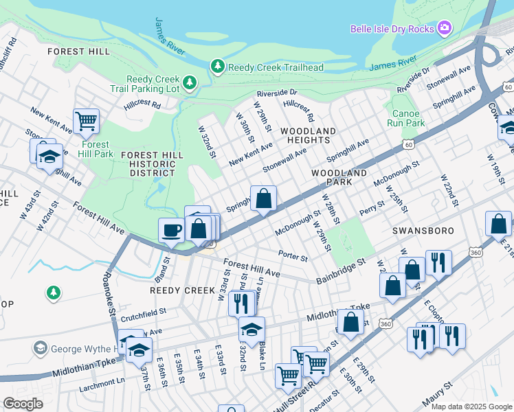 map of restaurants, bars, coffee shops, grocery stores, and more near 510 West 31st Street in Richmond