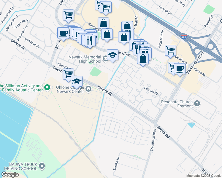 map of restaurants, bars, coffee shops, grocery stores, and more near 6371 Joaquin Murieta Avenue in Newark