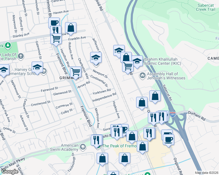 map of restaurants, bars, coffee shops, grocery stores, and more near 43294 Newport Drive in Fremont