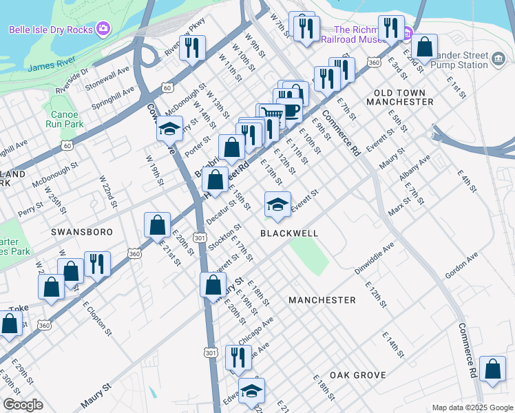 map of restaurants, bars, coffee shops, grocery stores, and more near 119 Lipscomb Street in Richmond
