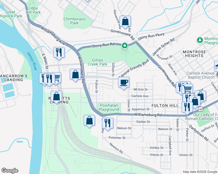map of restaurants, bars, coffee shops, grocery stores, and more near 901 State Street in Richmond