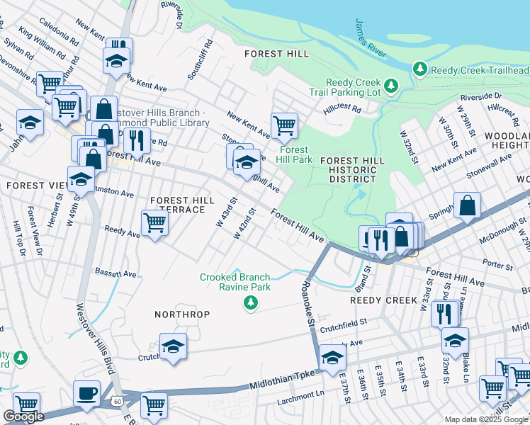 map of restaurants, bars, coffee shops, grocery stores, and more near 4106 Forest Hill Avenue in Richmond