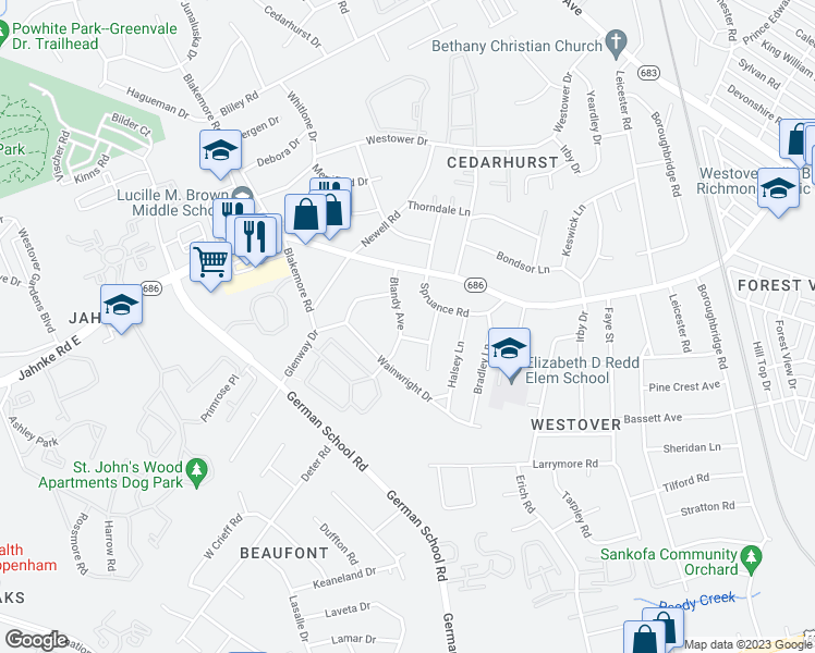 map of restaurants, bars, coffee shops, grocery stores, and more near 1005 Blandy Avenue in Richmond