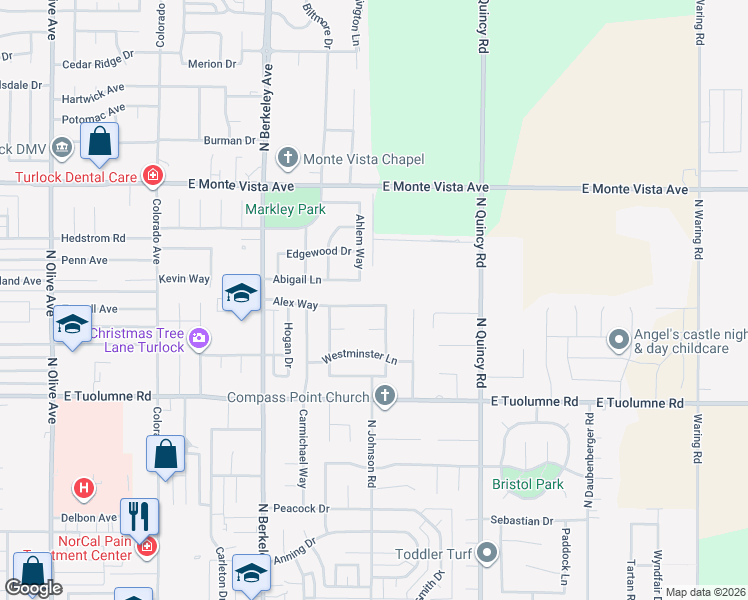map of restaurants, bars, coffee shops, grocery stores, and more near 1873 Alex Way in Turlock