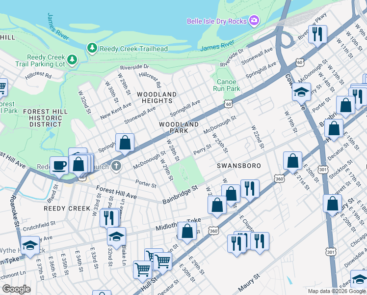 map of restaurants, bars, coffee shops, grocery stores, and more near 313 West 27th Street in Richmond