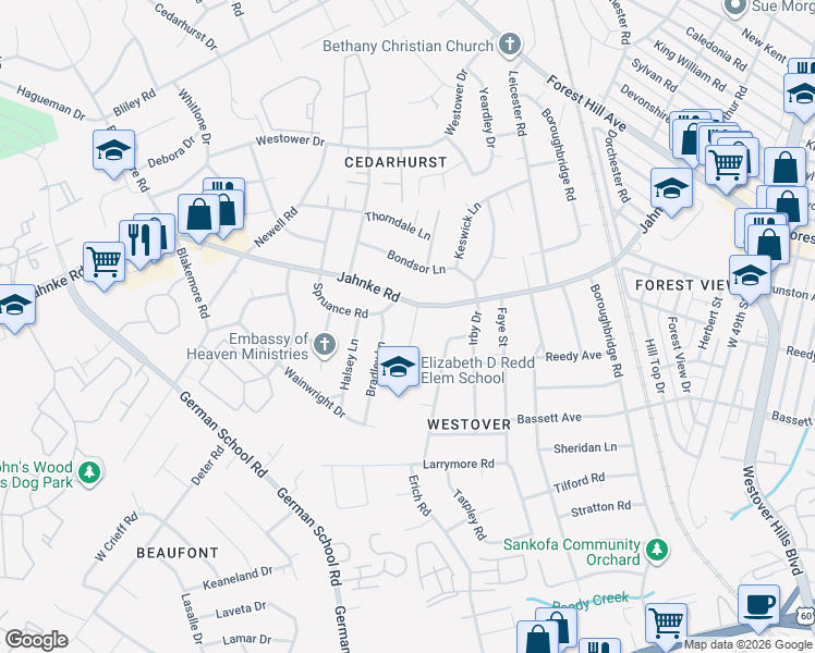 map of restaurants, bars, coffee shops, grocery stores, and more near 1041 Forestview School Drive in Richmond