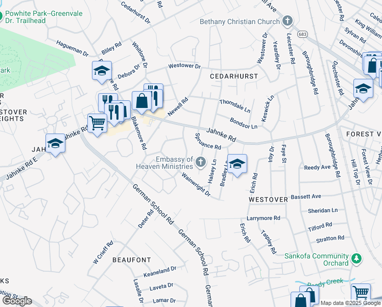 map of restaurants, bars, coffee shops, grocery stores, and more near 1011 Blandy Avenue in Richmond