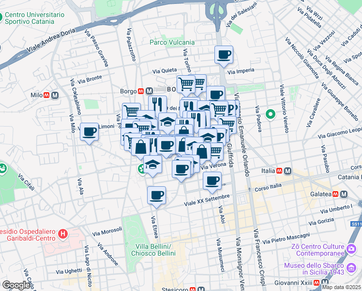 map of restaurants, bars, coffee shops, grocery stores, and more near 59 Via Canfora in Catania