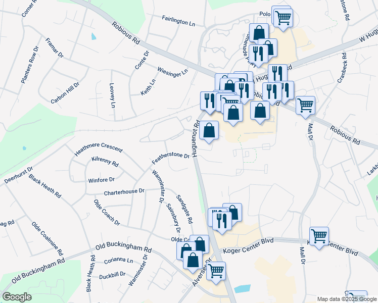 map of restaurants, bars, coffee shops, grocery stores, and more near 1864 Featherstone Drive in Midlothian
