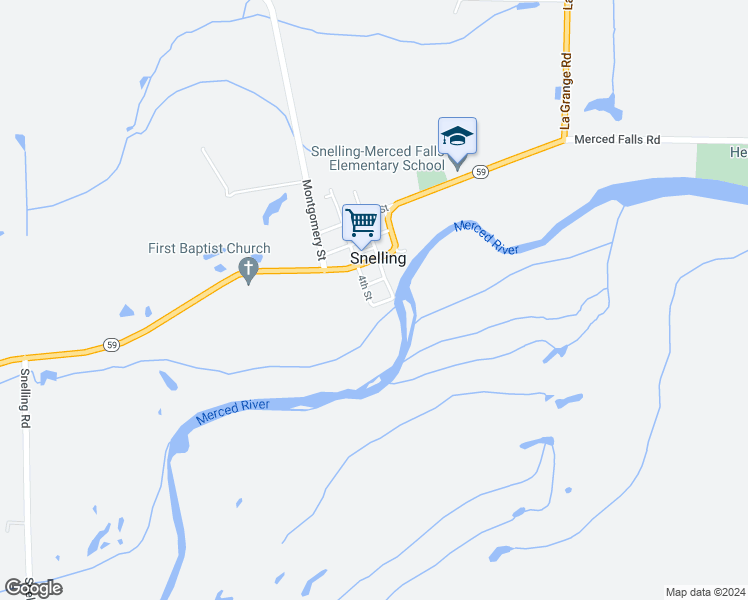 map of restaurants, bars, coffee shops, grocery stores, and more near 2554 Merced Street in Snelling