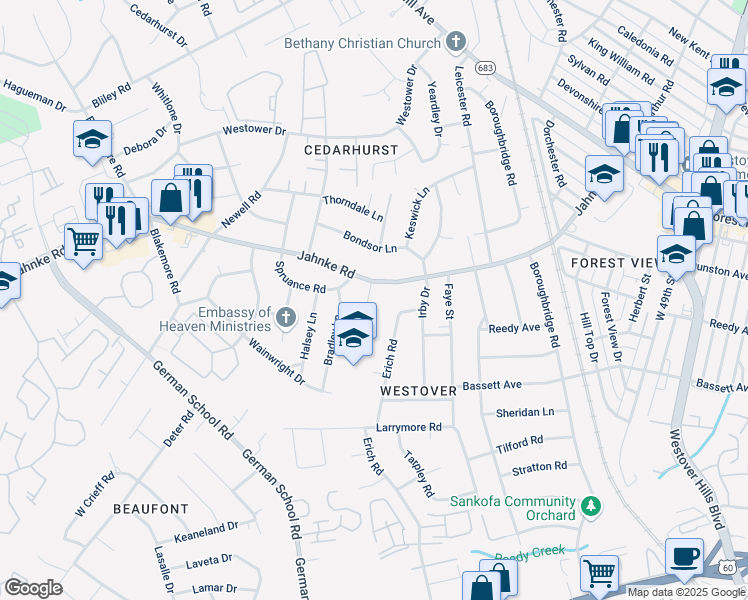 map of restaurants, bars, coffee shops, grocery stores, and more near 1041 Forestview School Drive in Richmond