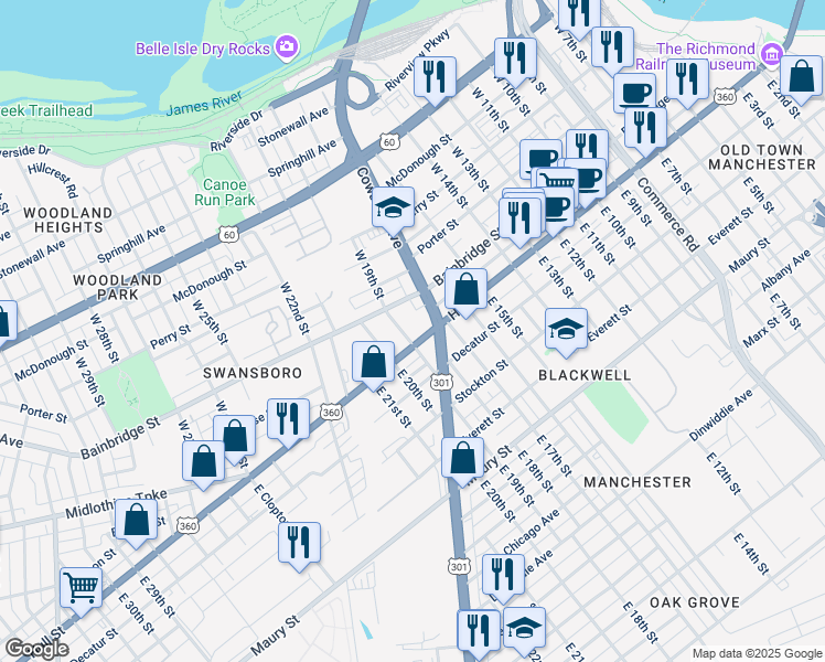 map of restaurants, bars, coffee shops, grocery stores, and more near 1823 Hull Street in Richmond