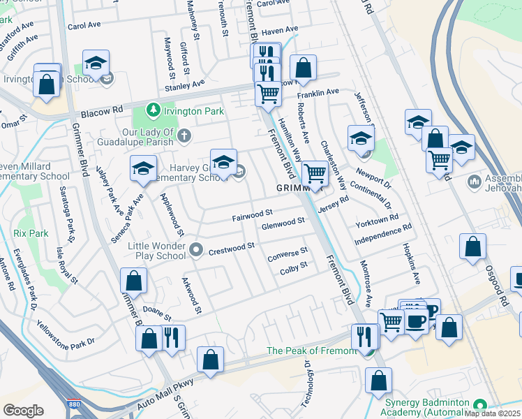 map of restaurants, bars, coffee shops, grocery stores, and more near 4163 Fairwood Street in Fremont