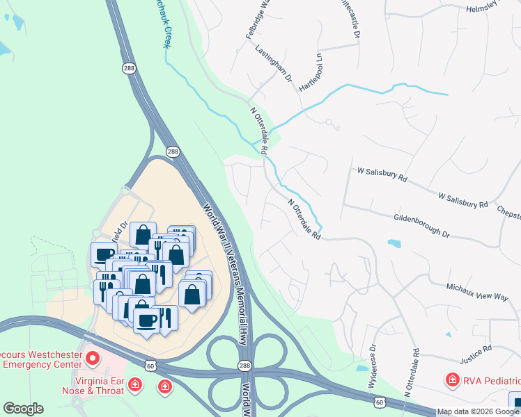 map of restaurants, bars, coffee shops, grocery stores, and more near 512 Paddle Creek Drive in Midlothian