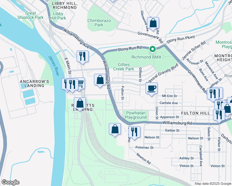 map of restaurants, bars, coffee shops, grocery stores, and more near 4709 Louisiana Street in Richmond