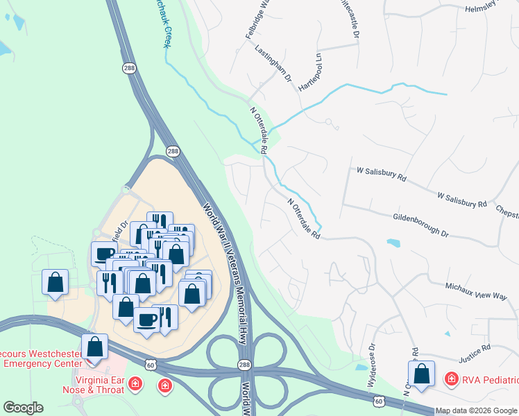 map of restaurants, bars, coffee shops, grocery stores, and more near 512 Paddle Creek Drive in Midlothian
