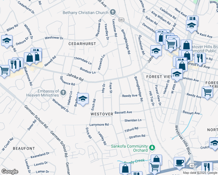 map of restaurants, bars, coffee shops, grocery stores, and more near 1006 Faye Street in Richmond